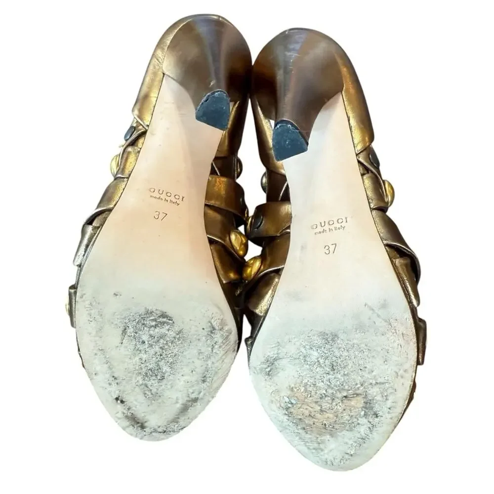 Gucci Gold Leather Babouska Strappy Caged Heeled Sandals EU 37 US 7